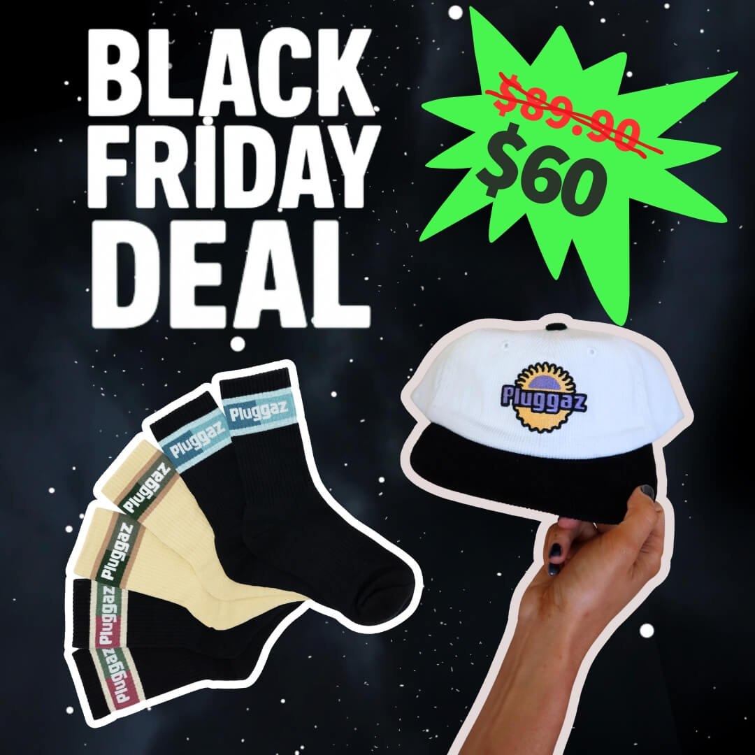 Black Friday deal advertisement with a hat and socks on a dark background
