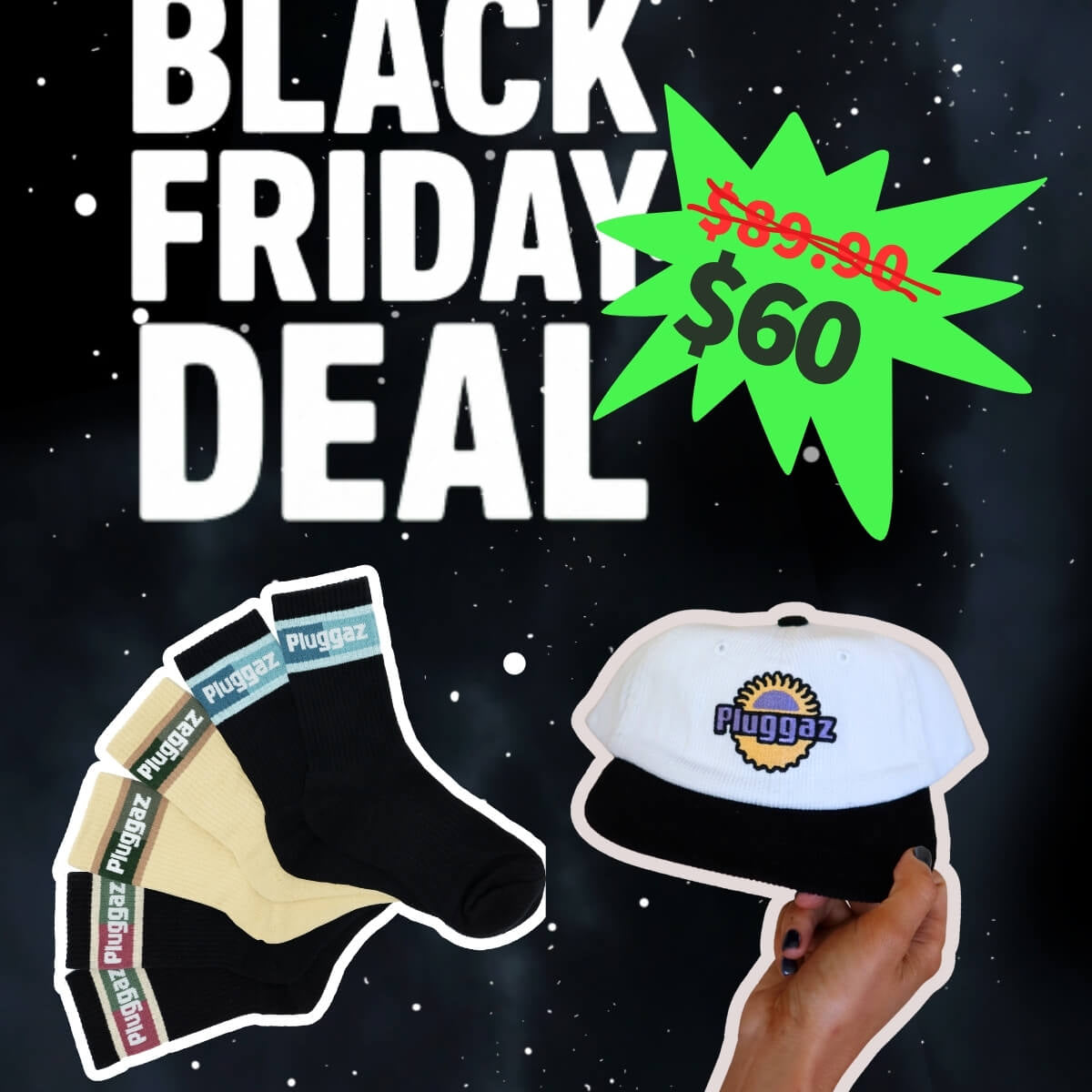 Black Friday deal advertisement with a hat and socks on a space-themed background