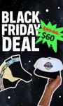 Black Friday deal advertisement with a hat and socks on a space-themed background