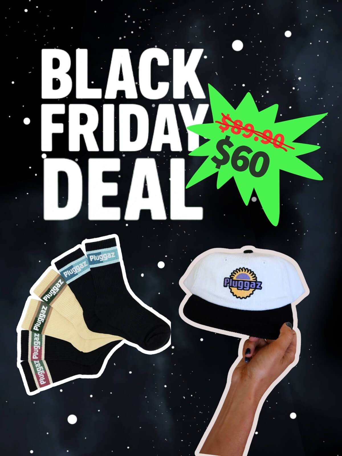 Black Friday deal advertisement with a hat and socks on a space-themed background